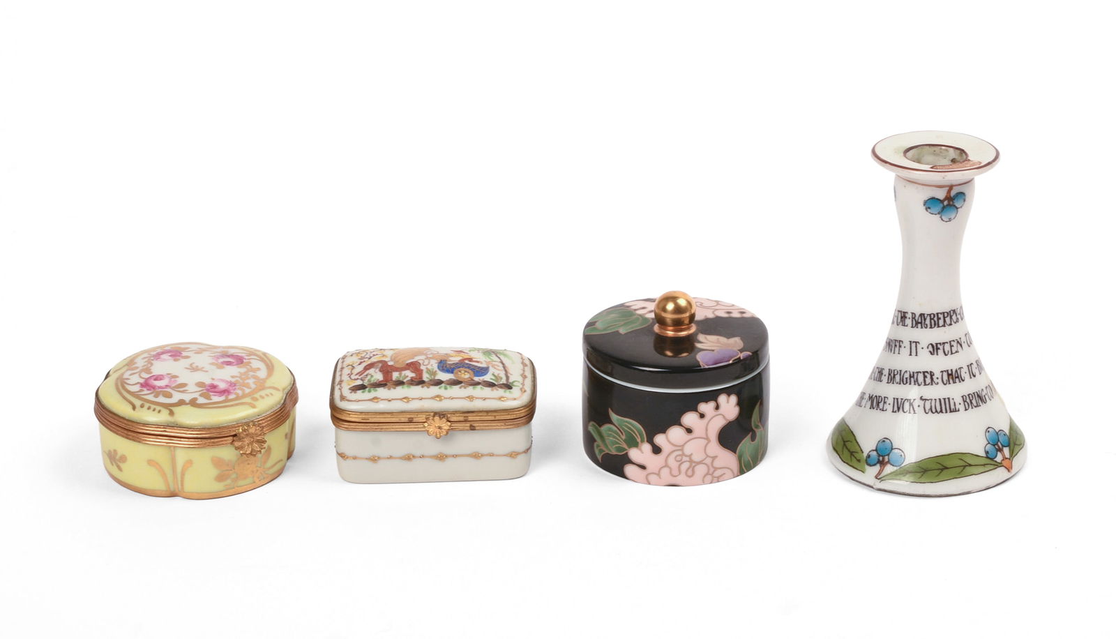 Three Pill Boxes and a Miniature Vase.: Boxes by Limoges and Tiffany & Co. Height of vase 3.75 inches. SHIPPING: We offer very competitively priced in house shipping for all items in this sale. Please contact us for a quote.