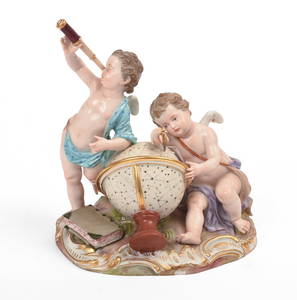 Meissen Porcelain Figure With Cherubs and Celestial Globe.