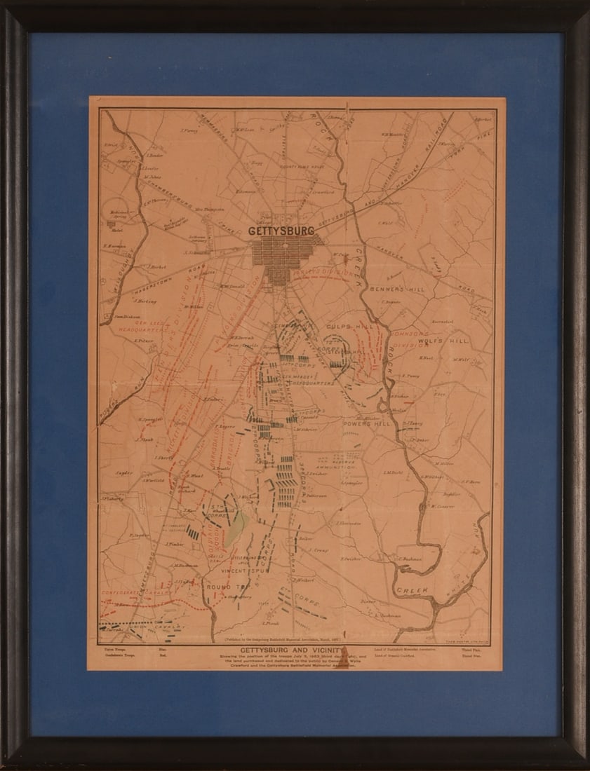 Gettysburg Battlefield Memorial Association Map.: Gettysburg and vicinity, showing the position of the troops July 3, 1863. Frame 23 x 18 inches. Creases, a few small tears. SHIPPING: We offer very competitively priced in house shipping for all items