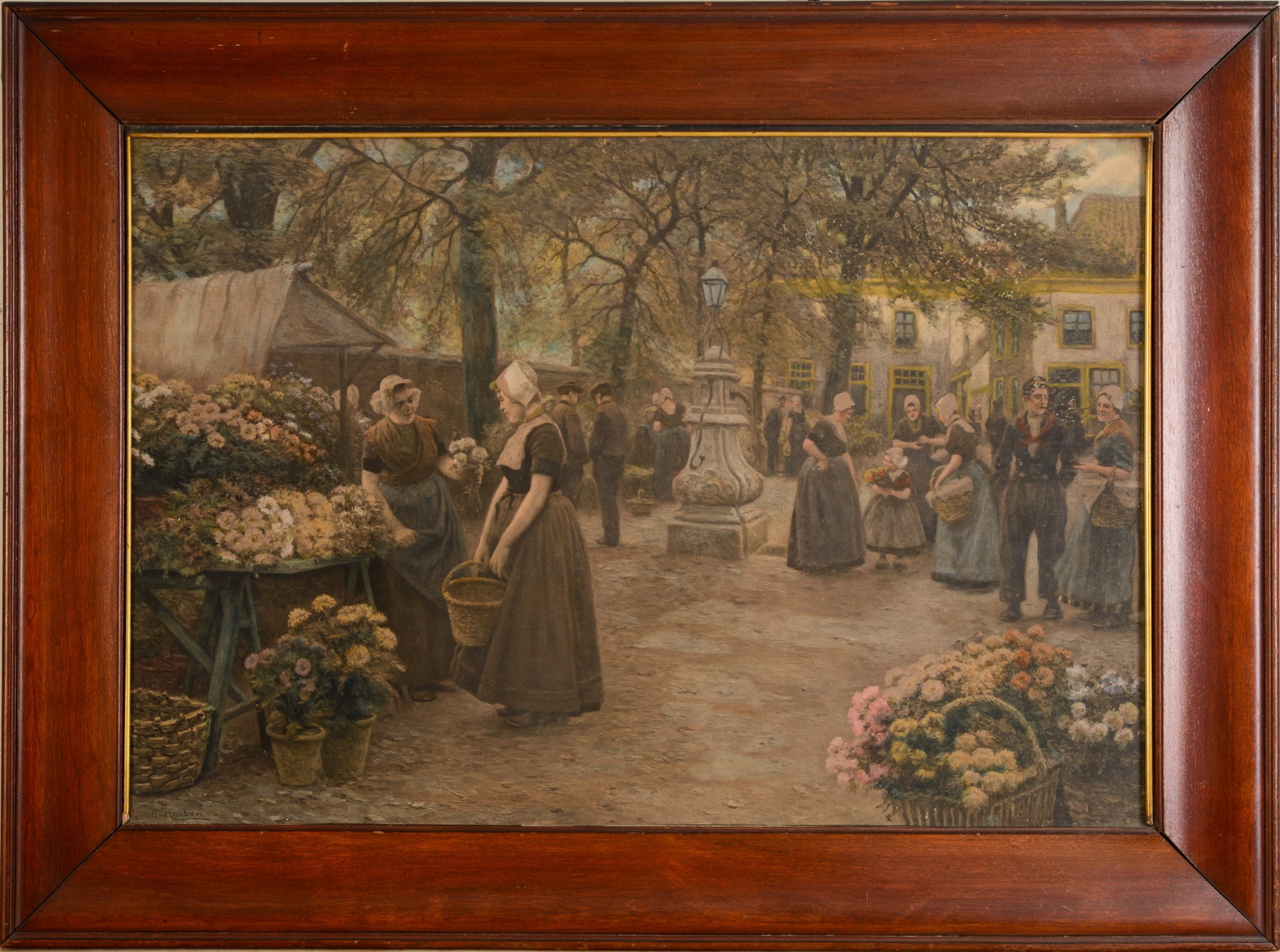 Print of Holland Market 19th C.: 20 x 29 1/2 inches, sight. Framed, 27 x 37 inches. SHIPPING: We offer very competitively priced in house shipping for all items in this sale. Please contact us for a quote.
