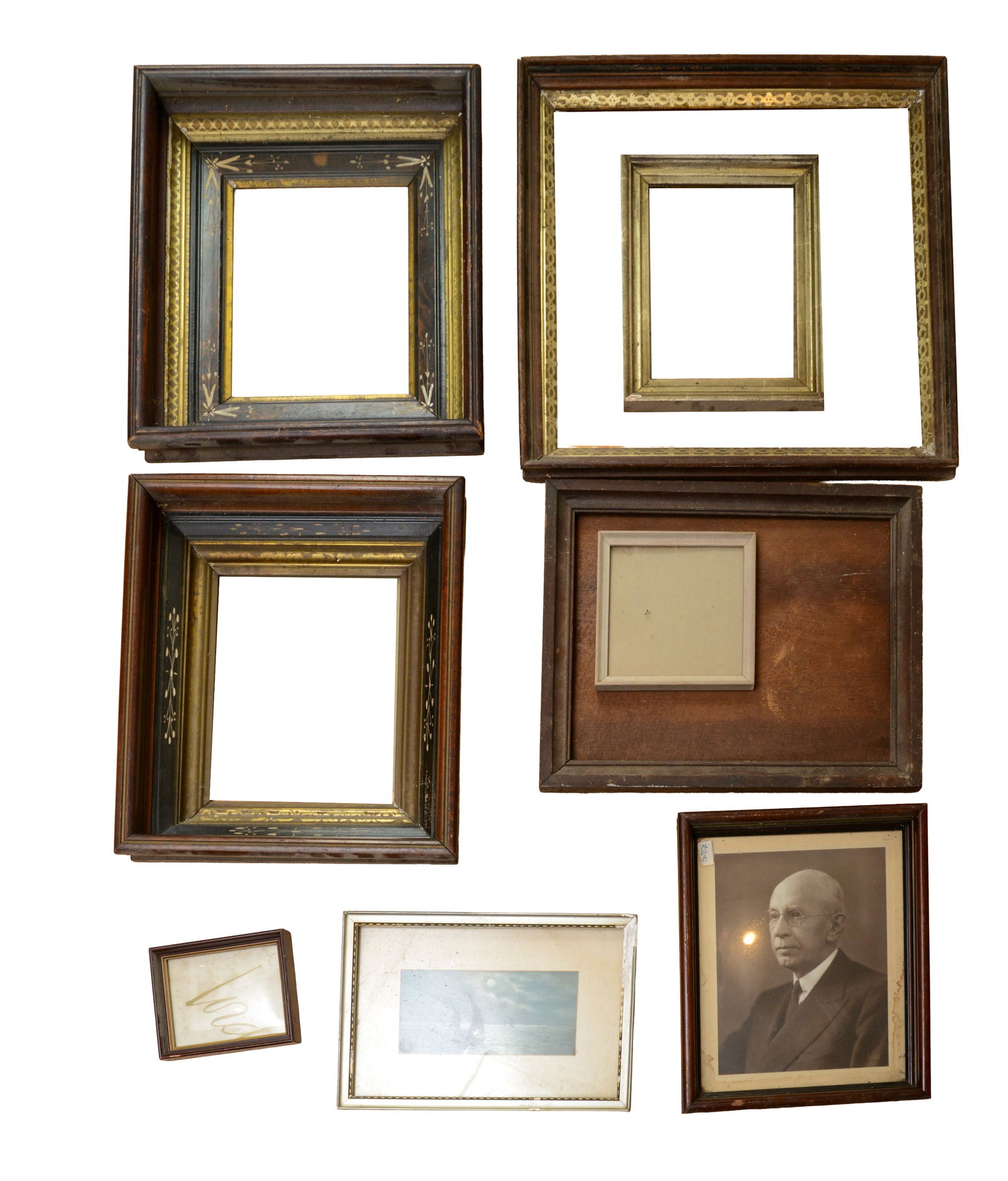 Group of Antique Frames.: Rabbet of largest 16 x 16 inches, some losses. SHIPPING: We offer very competitively priced in house shipping for all items in this sale. Please contact us for a quote.