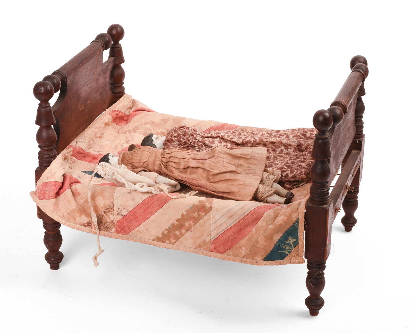 Doll Bed and Two Porcelain Dolls. (1 of 6)