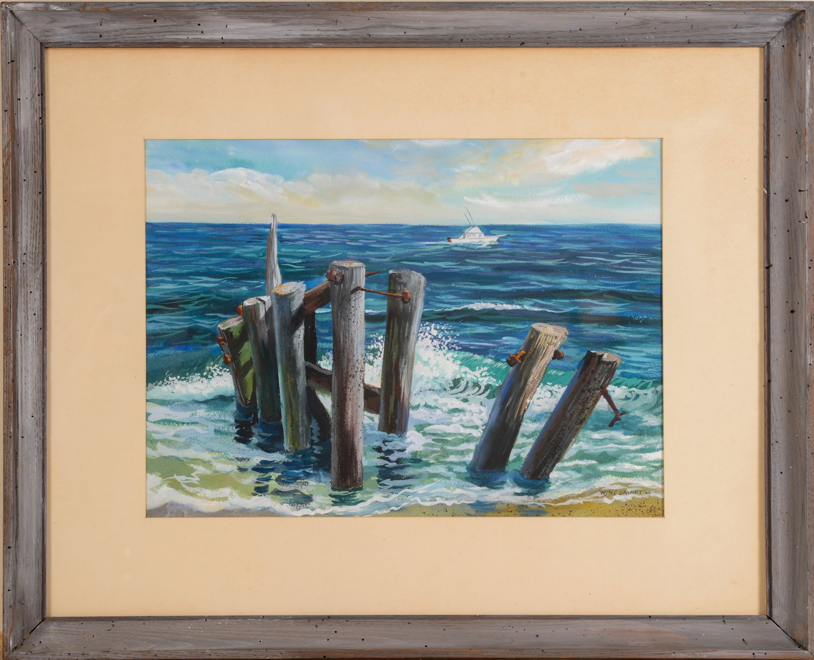 Wini Smart (Born 1932). Pier Pilings.: Watercolor on paper, 14,5 x 19.5 inches, sight, signed and dated 1964 lower right. Framed, 25 x 30.5 inches. SHIPPING: We offer very competitively priced in house shipping for all items in this sale. 