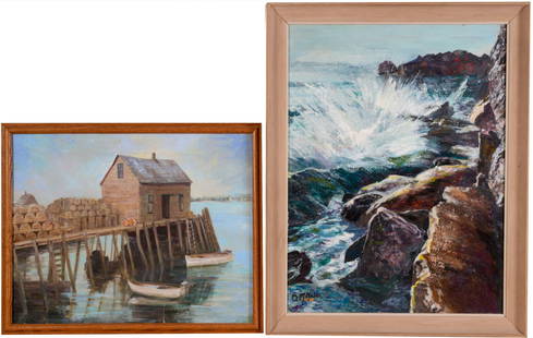 Maxine Clark. Two Paintings.: Fishing shack, oil on canvas, 16 x 20 inches, and crashing surf, oil on board, 24 x 18 inches. SHIPPING: We offer very competitively priced in house shipping for all items in this sale. Please contact