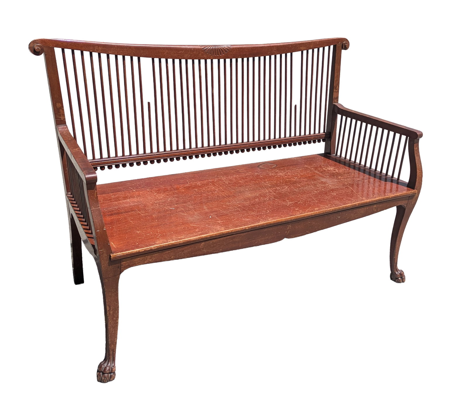 Bench With Ball and Claw Feet.: Length 54 inches. Two back spindles broken. SHIPPING: We offer very competitively priced in house shipping for all items in this sale. Please contact us for a quote.