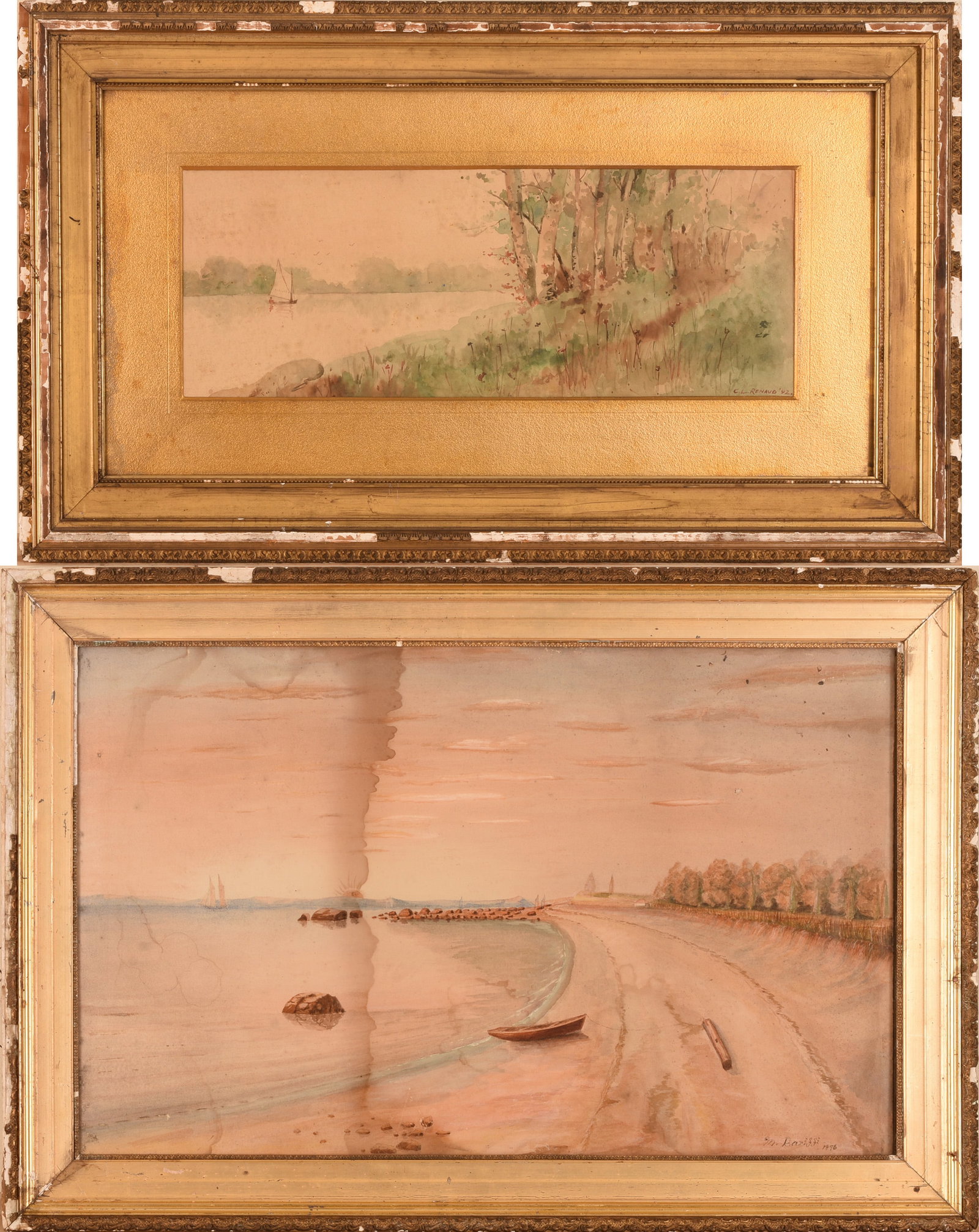 Two 19th Century Watercolors.: One signed C.J. Renaud, dated 1892, frame 19.5 x 33 inches. The other signed M. Bariff, dated 1896, frame 23 x 34.5 inches. Damage to both frames, water damage to larger painting. SHIPPING: We offer v