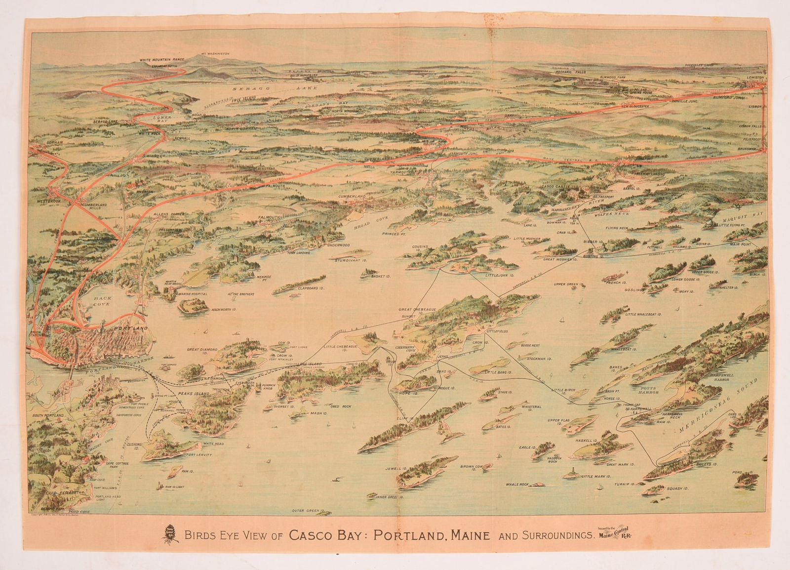 1906 Bird's Eye View of Casco Bay.: Published by George H. Walker & Co, Boston, sheet 19.5 x 28 inches. SHIPPING: We offer very competitively priced in house shipping for all items in this sale. Please contact us for a quote.