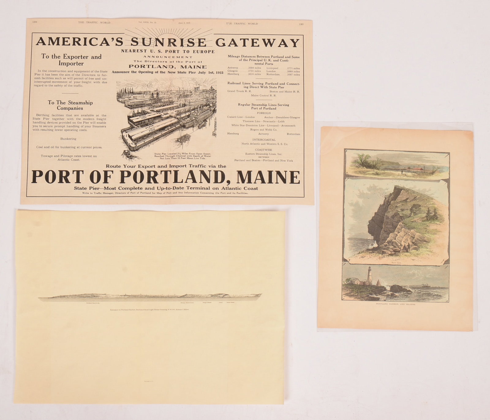 Three Prints Relating To Portland Harbor.: Advertisement from the Traffic World, 1923, 11.5 x 17 inches, mounted on wallpaper. Print of the entrance to Portland Harbor, and a page from Picturesque America. SHIPPING: We offer very competitively
