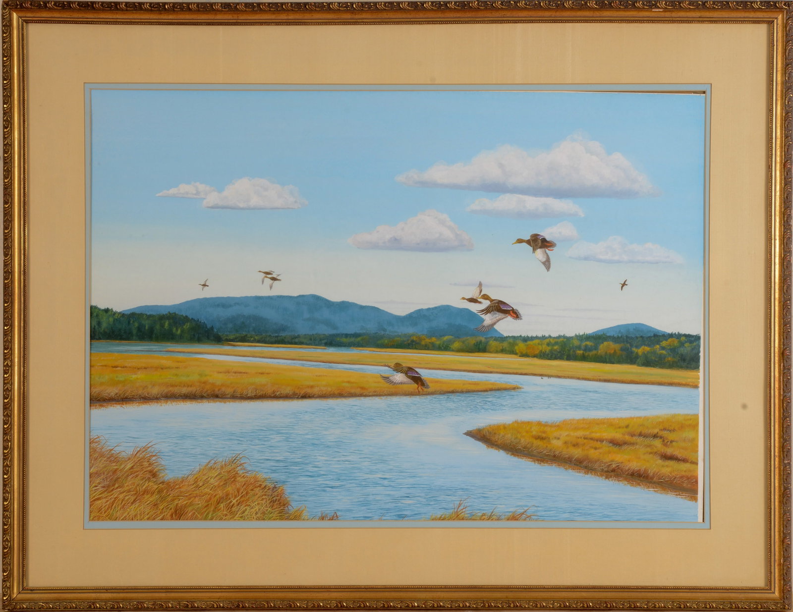 A.Grant Simon (20th/21st C ) Ducks Alighting: Watercolor on paper, 21 x 30 inches, sight, signed lower right. Framed, 30 x 39 inches. SHIPPING: We offer very competitively priced in house shipping for all items in this sale. Please contact us for