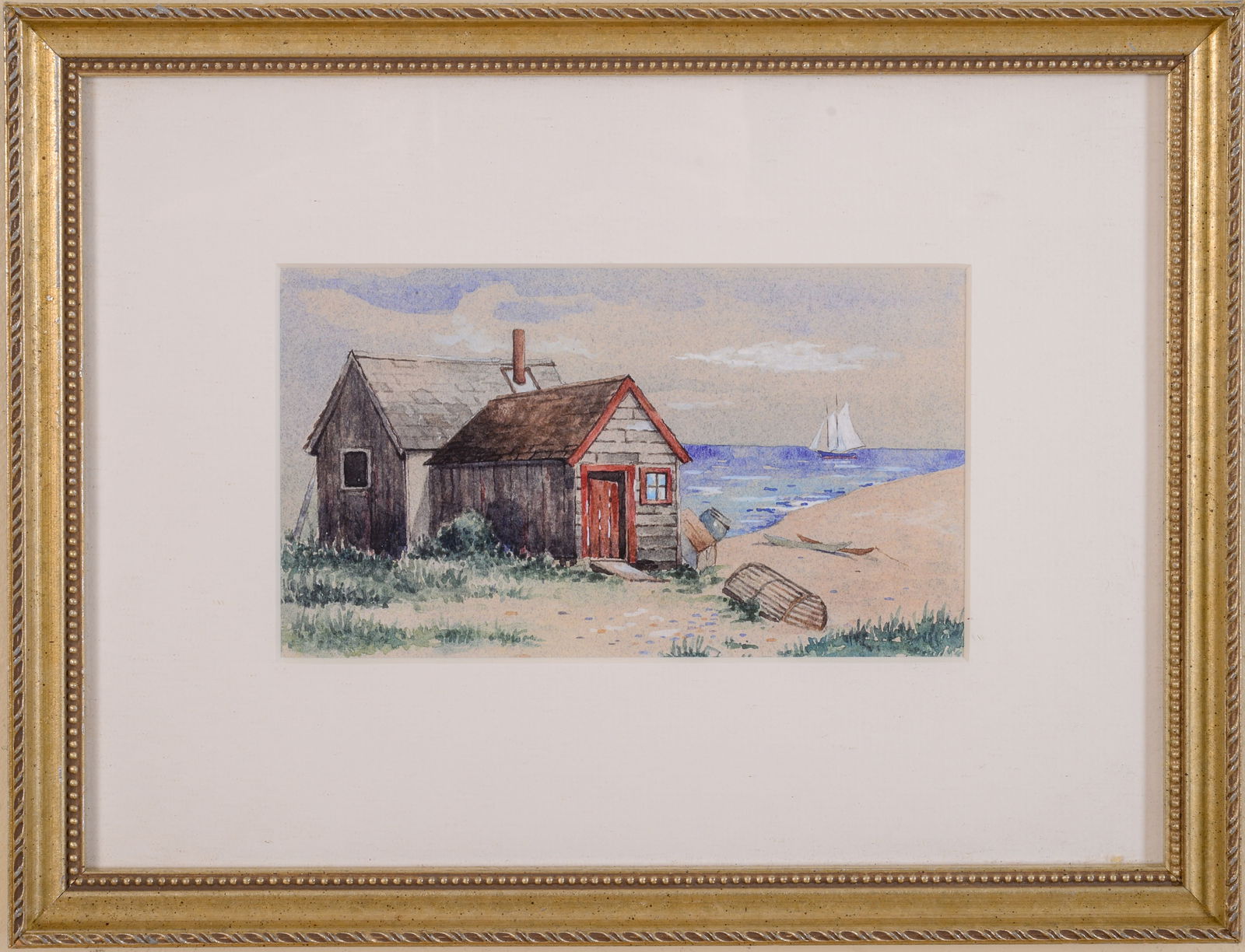 Beach House with Distant Sailboat under full Sail.: Watercolor on paper, 4 1/4 x 7 1/4 inches, sight. Framed, 10 x 13 inches. SHIPPING: We offer very competitively priced in house shipping for all items in this sale. Please contact us for a quote.