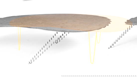 Travertine Marble Kidney Shaped Coffee Table.: Height 16 inches, top 60 x 30 inches. Slightly wobbly, base is later. IN HOUSE SHIPPING: We offer very competitively priced in house shipping for all items in this sale. Please contact us for a quote.