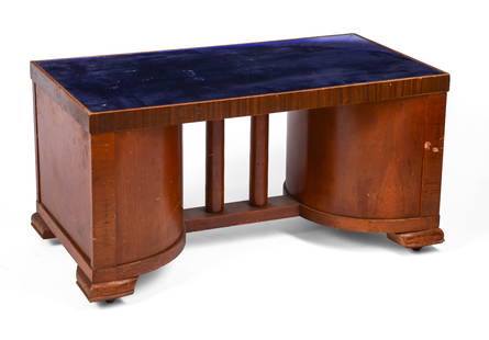 Art Deco Coffee Table With Mirrored Top.: Height 18 inches, width 34 inches, depth 18 inches. Some losses to veneer and surface scratches. IN HOUSE SHIPPING: We offer very competitively priced in house shipping for all items in this sale. Ple
