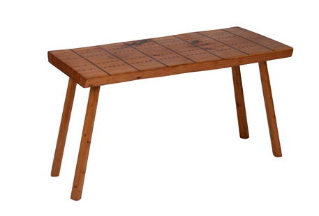 Live Edge Pine Cribbage Board Coffee Table.: Height 20.5 inches, width 36.5 inches, depth 16 inches. A few light surface scratches. IN HOUSE SHIPPING: We offer very competitively priced in house shipping for all items in this sale. Please contac