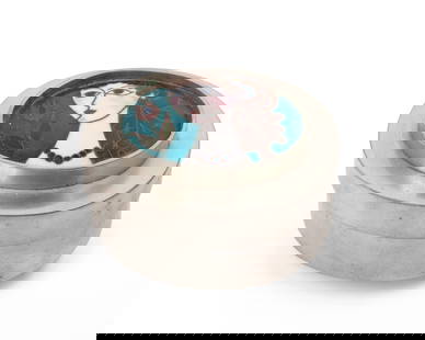Hilda Kraus Enamel and Pewter Music Box.: (American, 1915-2014), marked pewter and signed Hilda Kraus on bottom. Length 3.5 inches, height 2 inches. IN HOUSE SHIPPING: We offer very competitively priced in house shipping for all items in this