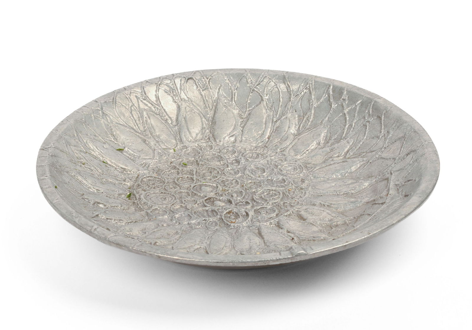Donald Drumm Cast Aluminum Bowl.: Interior decorated with a sunflower, signed on the bottom, circa 1970. Diameter 13 5/8 inches, height 2.25 inches. Good condition. IN HOUSE SHIPPING: We offer very competitively priced in house shippi