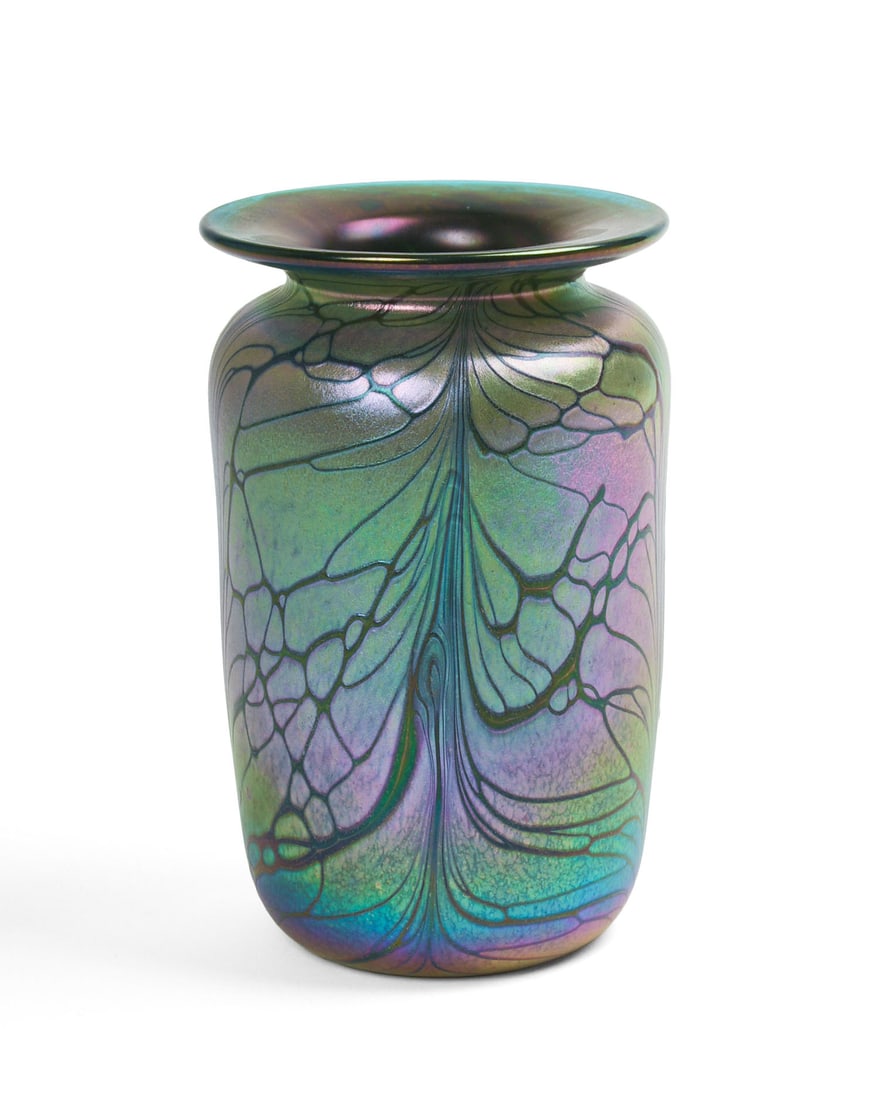 Iridescent Art Glass Vase.: Height 6 inches, signed at base. Very good condition. IN HOUSE SHIPPING: We offer very competitively priced in house shipping for all items in this sale. Please contact us for a quote.