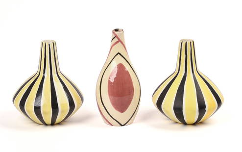 Three Mid Century Porcelain Vases.: Heights 6 and 6.75 inches. A few small rim chips on single vase. IN HOUSE SHIPPING: We offer very competitively priced in house shipping for all items in this sale. Please contact us for a quote.