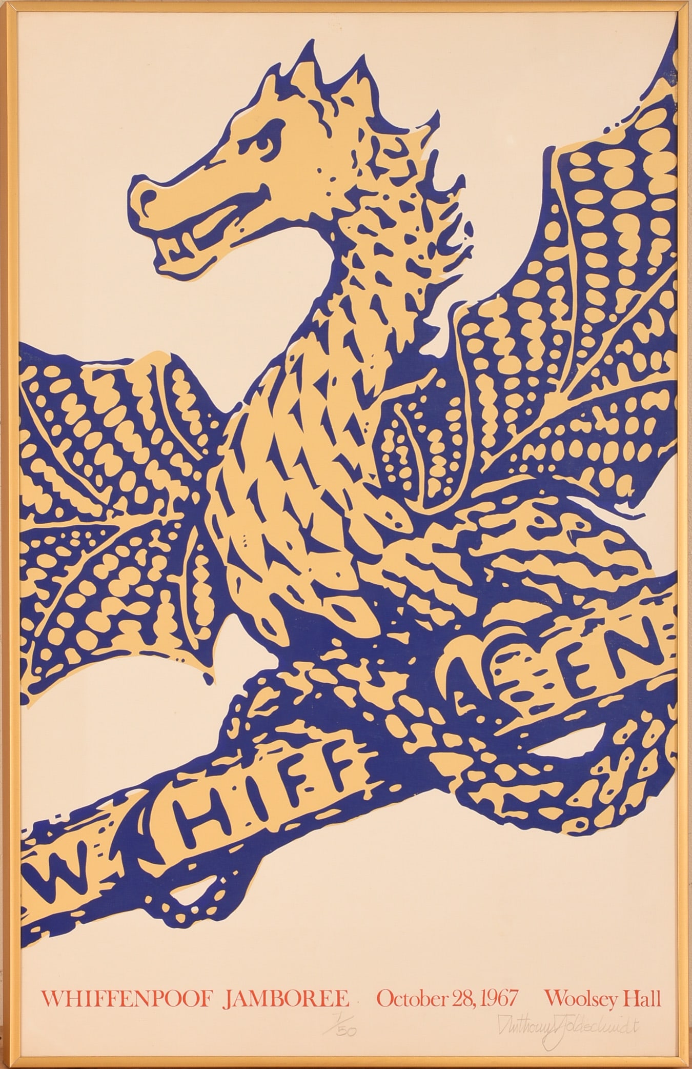 1967 Whiffenpoof Jamboree Poster.: Yale University Woolsey Hall. Signed Anthony Goldschmidt and numbered 7/50. Framed, 30 x 20 inches. IN HOUSE SHIPPING: We offer very competitively priced in house shipping for all items in this sale. 