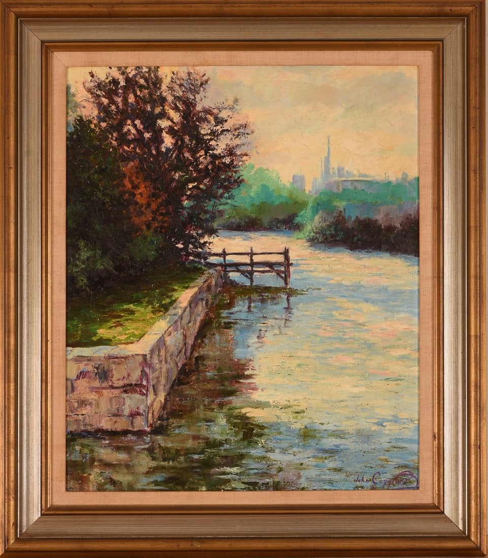 John S. Caggiano (Born 1949). The Emerald City: Framed oil on board, signed lower right. Sight, 24 x 20 inches; frame, 31 x 27 inches. IN HOUSE SHIPPING: We offer very competitively priced in house shipping for all items in this sale. Please contac
