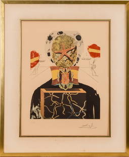 Salvador Dali (1904-1989). Surrealist King.: Photolithograph and etching in colors on Arches paper, from Memories of Surrealism, 1971. Plate 16 x 20 inches, pencil signed and numbered XXI/XXV. Framed, 35 x 29 inches. Good condition, light overal