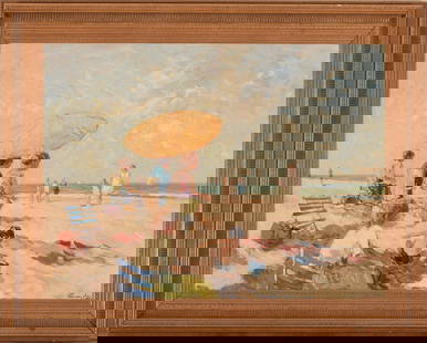 Niek Van Der Plas (B. 1954) Summer Day at the Beach.: Oil on board, 23 x 31.5 inches. Framed, 31 x 29 inches. Very good condition. IN HOUSE SHIPPING: We offer very competitively priced in house shipping for all items in this sale. Please contact us for a