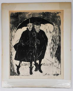 Babette Katz Linocut 'Rain Demons, ' 1962.: Sheet 24 x 17 inches, pencil signed, titled and dated. Unframed. IN HOUSE SHIPPING: We offer very competitively priced in house shipping for all items in this sale. Please contact us for a quote.