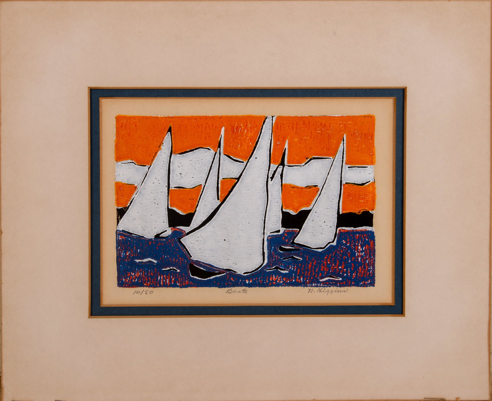 Norma Higgins. Boats Woodblock Print.: Matted, 9.5 x 11.5 inches. IN HOUSE SHIPPING: We offer very competitively priced in house shipping for all items in this sale. Please contact us for a quote.