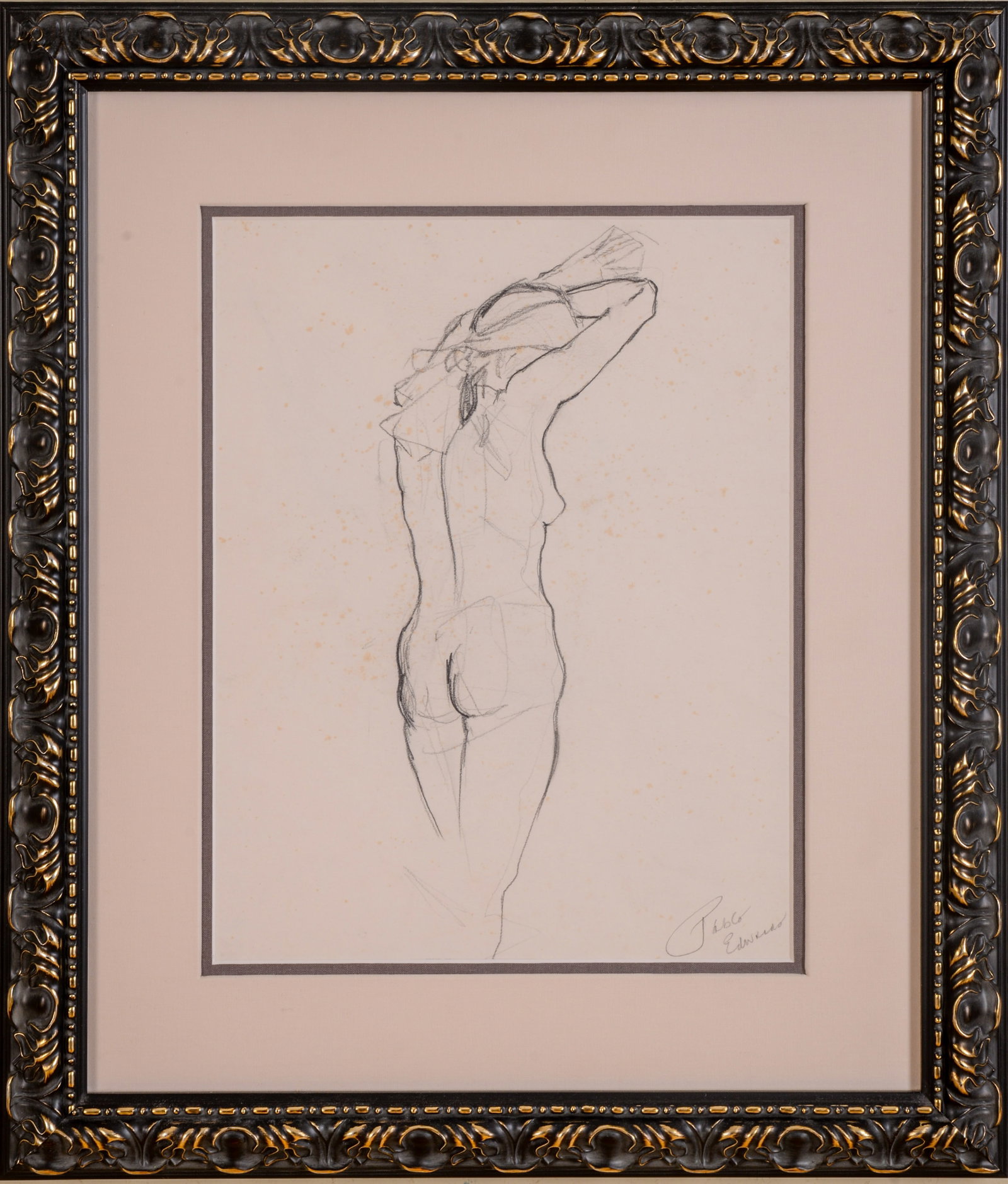 Pablo Eduardo (Born 1969). Sketch of a Female Nude.: Framed charcoal on paper. Eduardo is the sculptor of the Boston Marathon memorial. 12.75 x 9.75 inches, sight. Frame 20 x 17 inches. Some foxing. IN HOUSE SHIPPING: We offer very competitively priced 