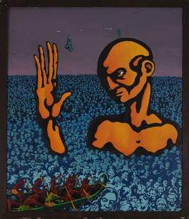 Large Surrealist Psychedelic Painting.: Depicting a large figure emerging from a sea of humanity. Framed oil on masonite, signed Nick Keefer, dated 1994. Frame, 39.5 x 34.5 inches. Some paint loss in upper section. IN HOUSE SHIPPING: We off
