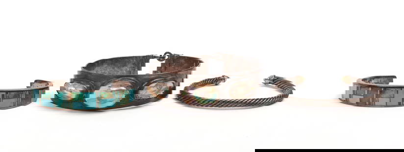 Three Silver Bracelets.: Cuff-like bracelet with three mother of pearl insets. One with geometric turquoise inlay and sticker stating "Navajo Supersmith." Width of cuff-like bracelet 2 7/8 inches. IN HOUSE SHIPPING: We offer