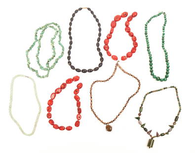 Eight Beaded Necklaces.: Jade, length 19 inches, turquoise, length 32 inches, and six others. IN HOUSE SHIPPING: We offer very competitively priced in house shipping for all items in this sale. Please contact us for a quote.