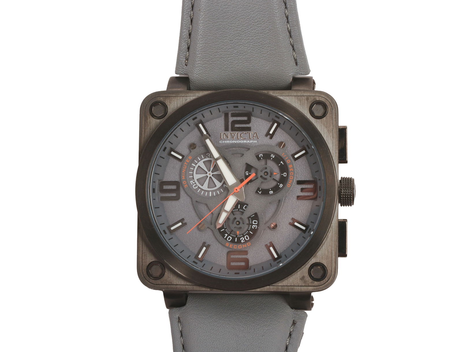 Invicta Watch.: Corduba Collection, Model #23554, gray leather band. Length from buckle to last punchole 8.5 inches, full length 9.75 inches, watch face width 1.75 inches. Visually in good condition, not tested. Need