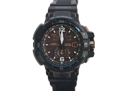Casio G Shock Watch.: Black rubber band. Length from buckle to last notch in band, 8.25 inches, full length 9.75 inches, width of watch face 2.25 inches. Visually in good condition, not tested. Needs battery. IN HOUSE