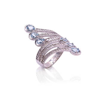 14K White Gold natural Aquamarine Beryl and Diamond Ring.: Six pear brilliant cut natural aquamarine beryl gemstones, 0.77ct. Round brilliant cut diamond accent stones, 0.70ct. Gross total weight 5.5 Grams. Size 6.25. IN HOUSE SHIPPING: We offer very