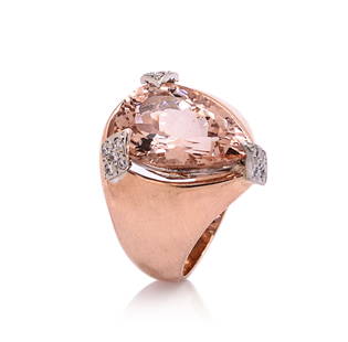 18K Rose Gold Morganite and Diamond Ring.: Pear brilliant cut morganite center stone, approximately 5.52ct. 15 round brilliant cut diamonds, 0.28ct. Gross total weight 12.0Grams. Size 5.5. IN HOUSE SHIPPING: We offer very competitively