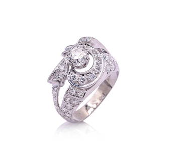 14K White Gold Cast and Assembled Diamond Ring.: Round brilliant cut diamond center stone, 0.75ct. 38 bead set round brilliant cut diamond accent stones, 1.00ct. Gross total weight 4.89 Grams. Size 7.25. IN HOUSE SHIPPING: We offer very
