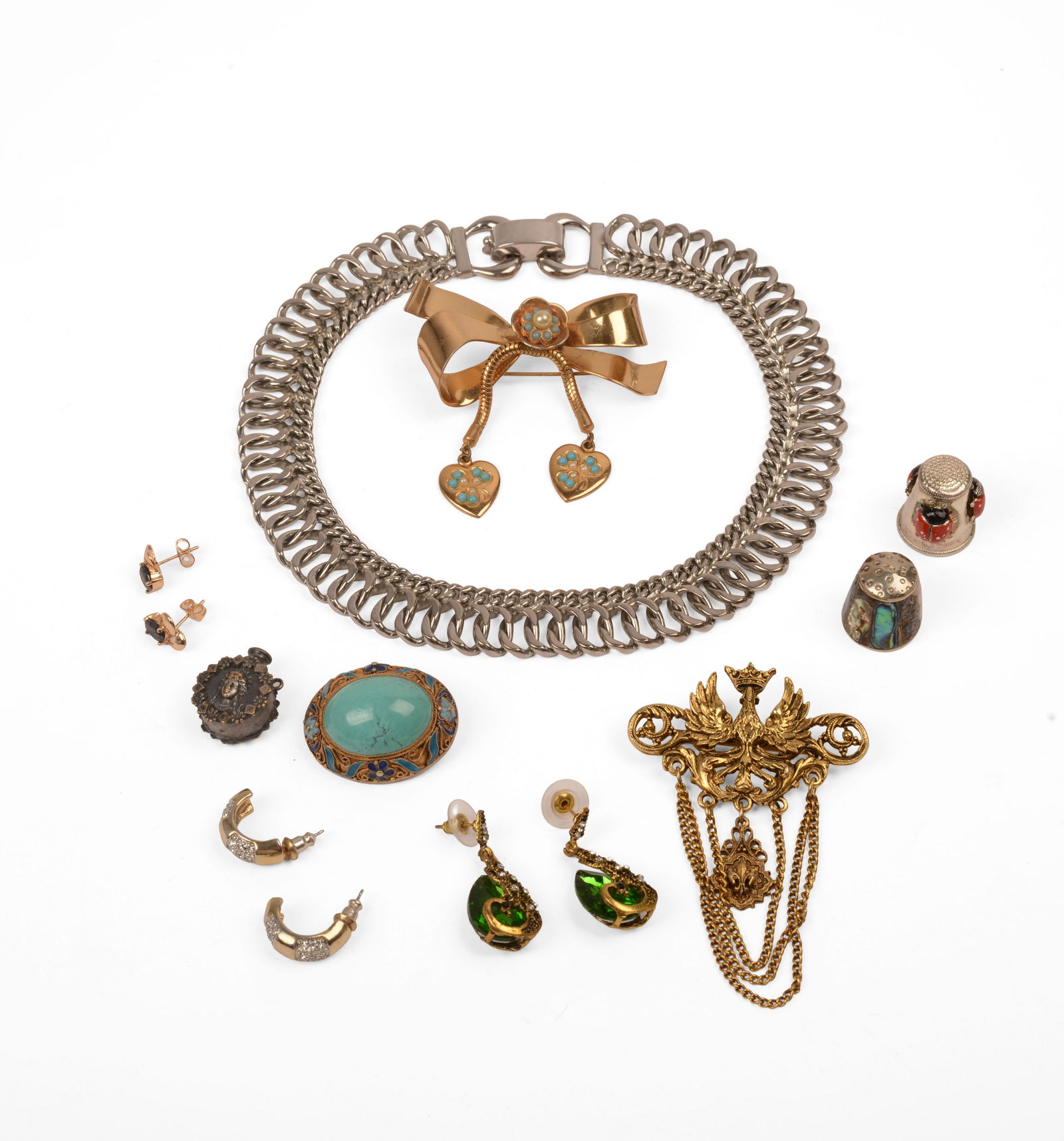 Group of Costume Jewelry.: Including a chocker necklace, diameter 4 inches, three brooches, three pairs of earrings for pierced ears, and two thimbles. IN HOUSE SHIPPING: We offer very competitively priced in house shipping for