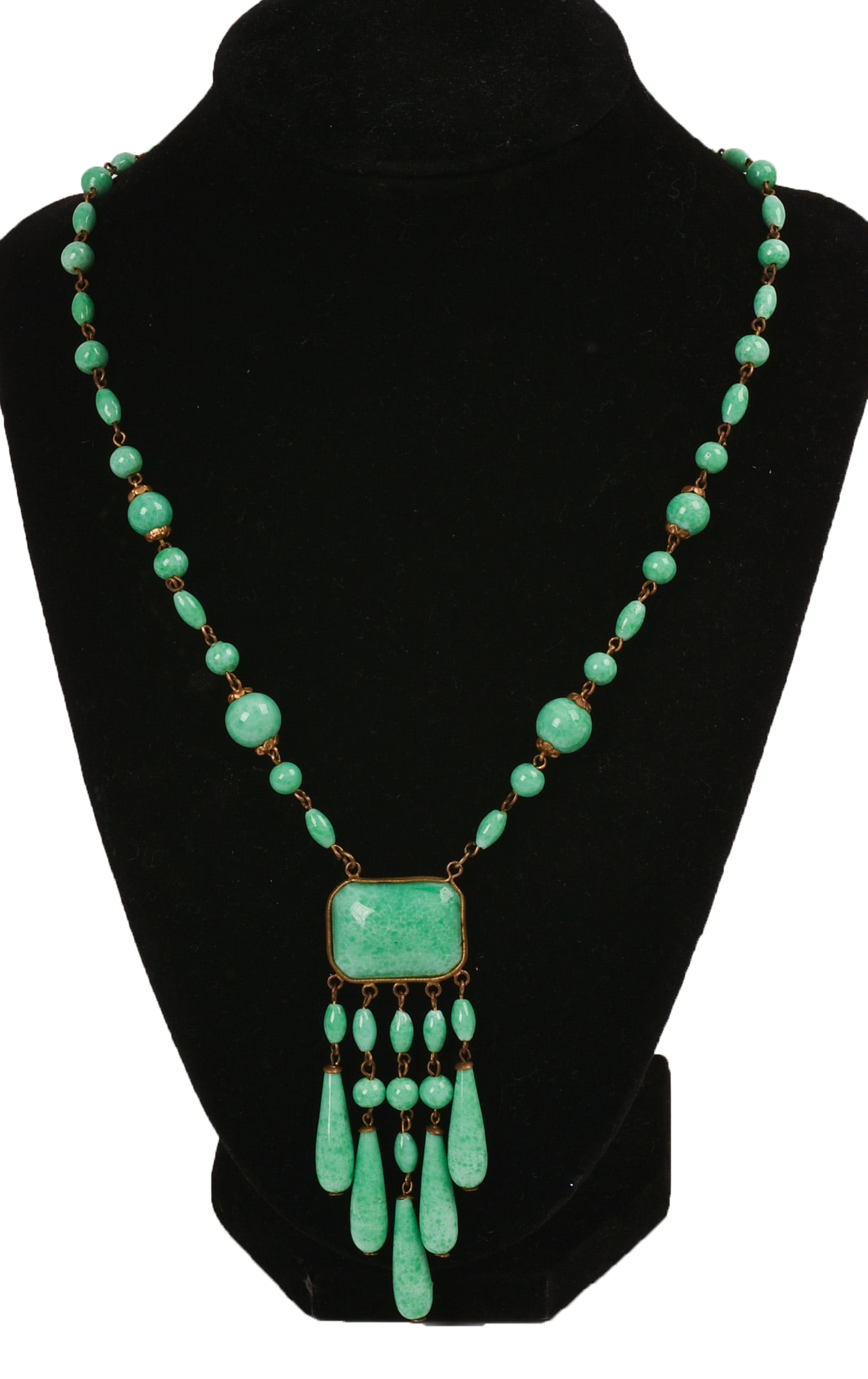 Czech Green Peking Glass Necklace.: Length 18 inches. IN HOUSE SHIPPING: We offer very competitively priced in house shipping for all items in this sale. Please contact us for a quote.