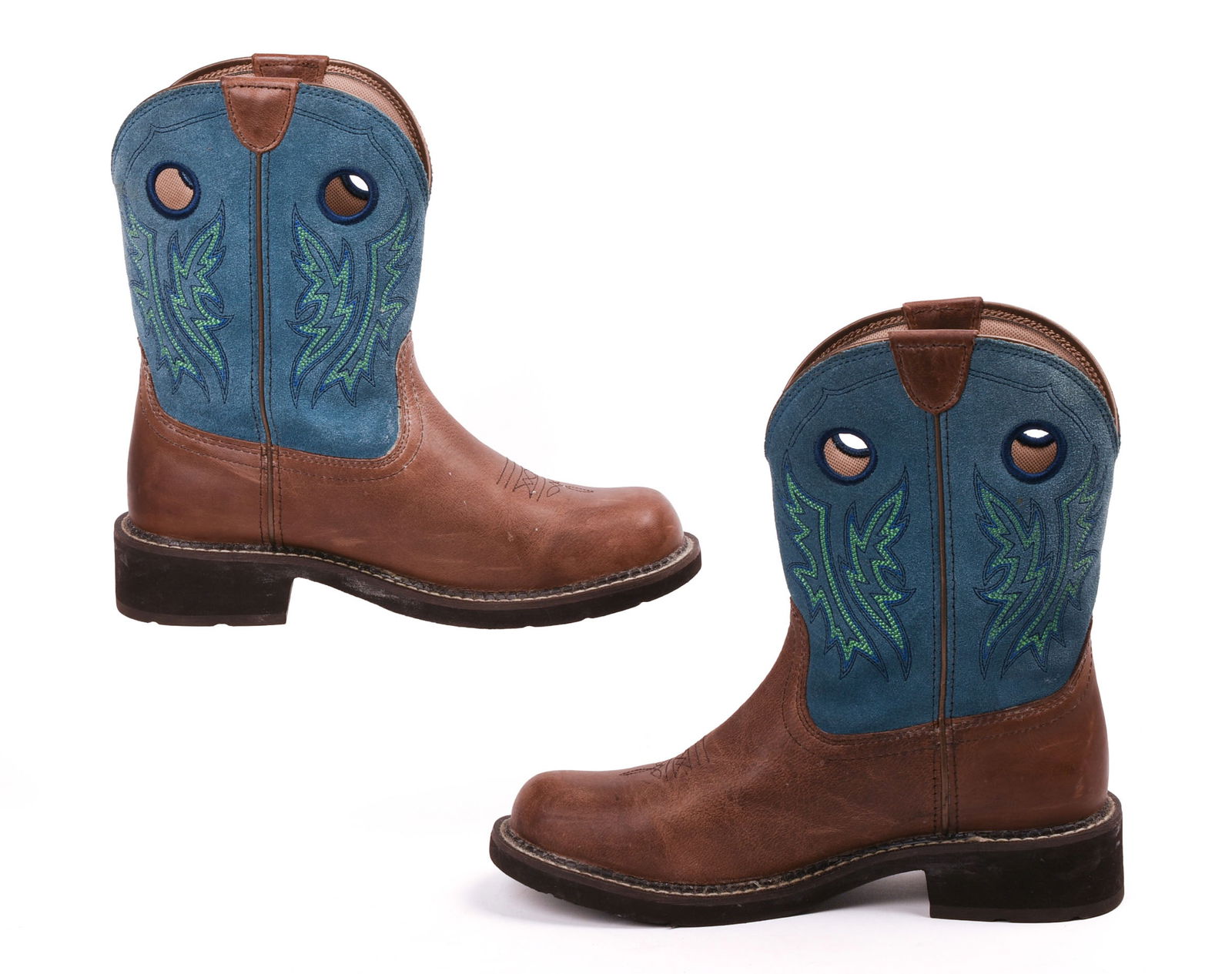 Ariat Cowgirl Boots.: Brown and blue with blue and green stitching. Size 9.5B. Good condition. IN HOUSE SHIPPING: We offer very competitively priced in house shipping for all items in this sale. Please contact us for a quo