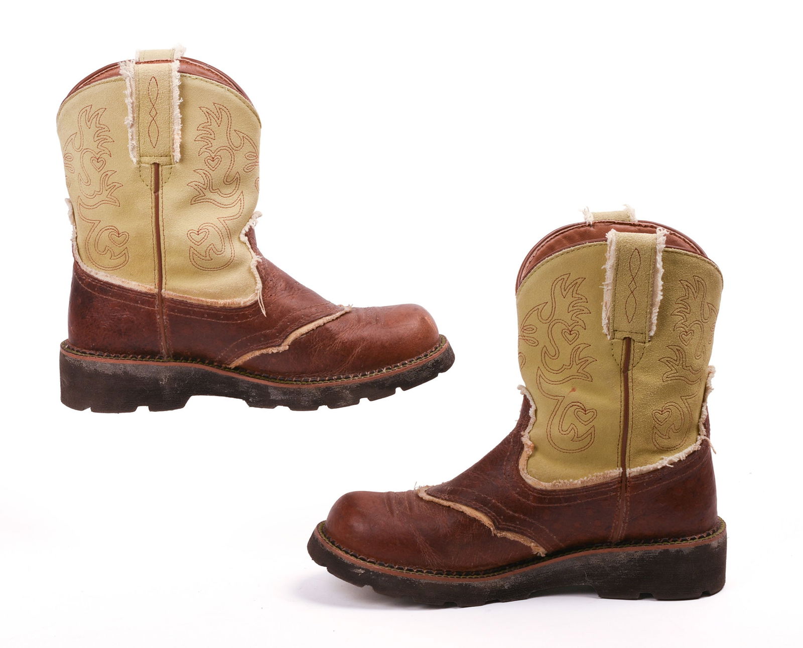 Ariat Cowgirl Boots.: Light green and brown. Fat Baby label on interior. Size 9B. Overall height 10 inches. Some interior wear. IN HOUSE SHIPPING: We offer very competitively priced in house shipping for all items in this