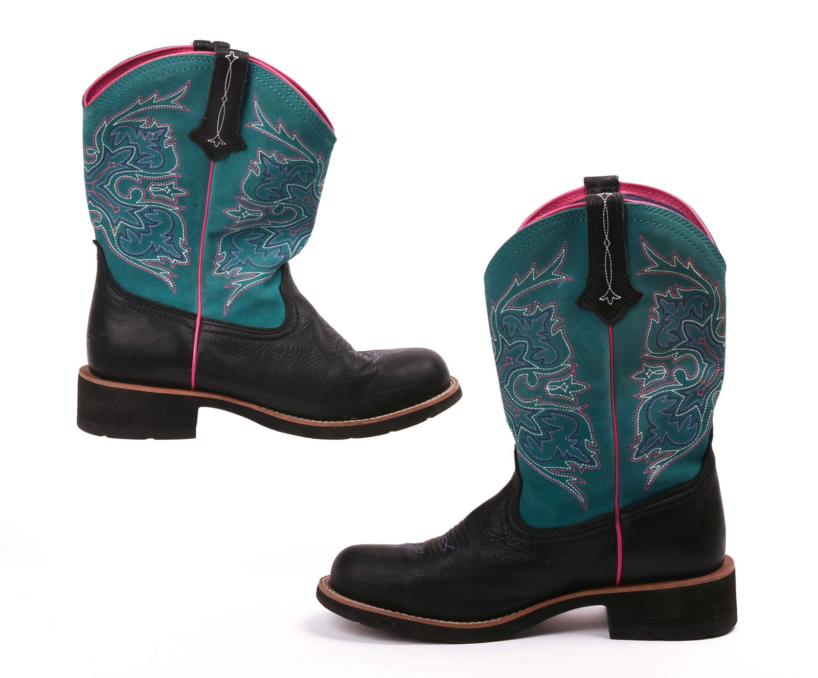 Ariat Cowgirl Boots.: Turquoise and black with pink, white, and purple stitching. Black leather is soft. Size 9.5B. A few scuffs, but otherwise good condition. IN HOUSE SHIPPING: We offer very competitively priced in house
