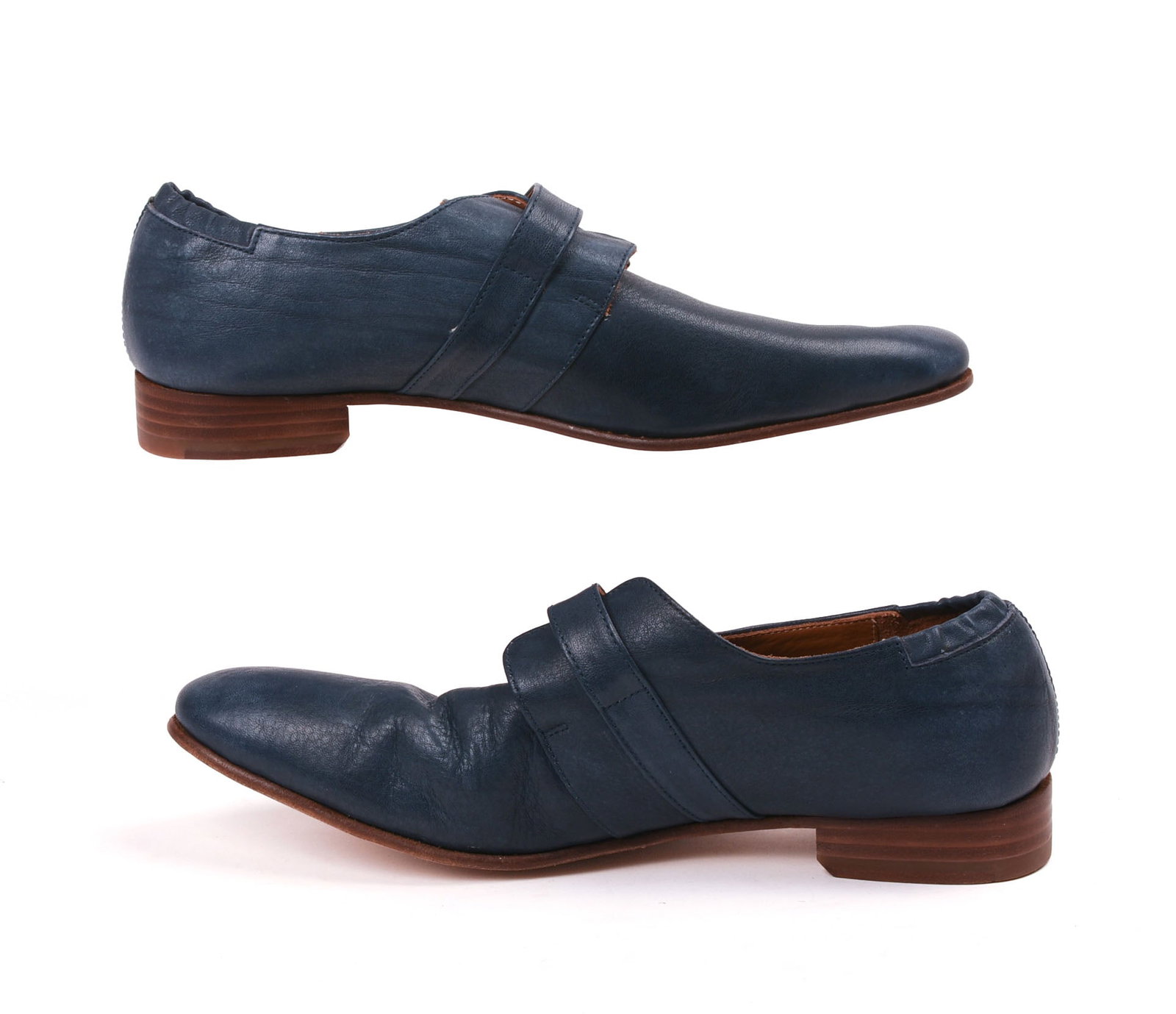 Pair of John Fluevog Women's Shoes, Size 8.5: Blue leather with single buckle. Size 10.5. Good condition. IN HOUSE SHIPPING: We offer very competitively priced in house shipping for all items in this sale. Please contact us for a quote.