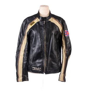 Vintage Wilson’s Leather Motorcycle Jacket.: British flag patch, Triumph wing patch, Relax patch, stay human pin near lapel. Width of shoulders 17.5 inches, width of upper arm 7 inches, width of chest 16 inches, length 25 inches. Some wear, circ