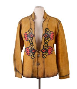 Front Street Leather Tooled Leather Jacket.: Buffalo head nickel buttons, label. Width of shoulders 18 inches, width of upper arm 6 inches, width of chest 19.5 inches, length 26 inches. Good condition. IN HOUSE SHIPPING: We offer very competitiv