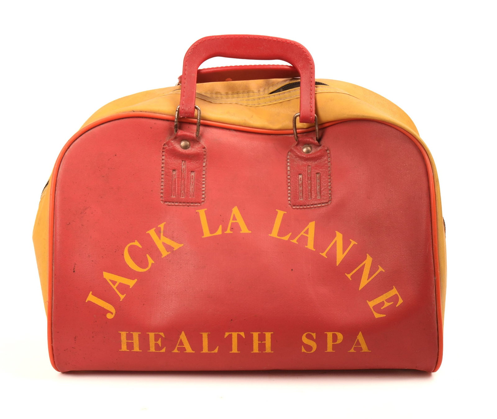 Jack LaLanne Health Spa Vinyl Gym Bag.: 1970’s. Approximate size 15x10x8 inches. Some staining, zipper is functional. IN HOUSE SHIPPING: We offer very competitively priced in house shipping for all items in this sale. Please contact us fo