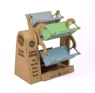 General Electric Clock Radios Advertising Ferris Wheel.: Wood and painted steel, height 26 inches, width 22 inches, depth 24 inches. Some paint loss. IN HOUSE SHIPPING: We offer very competitively priced in house shipping for all items in this sale. Please