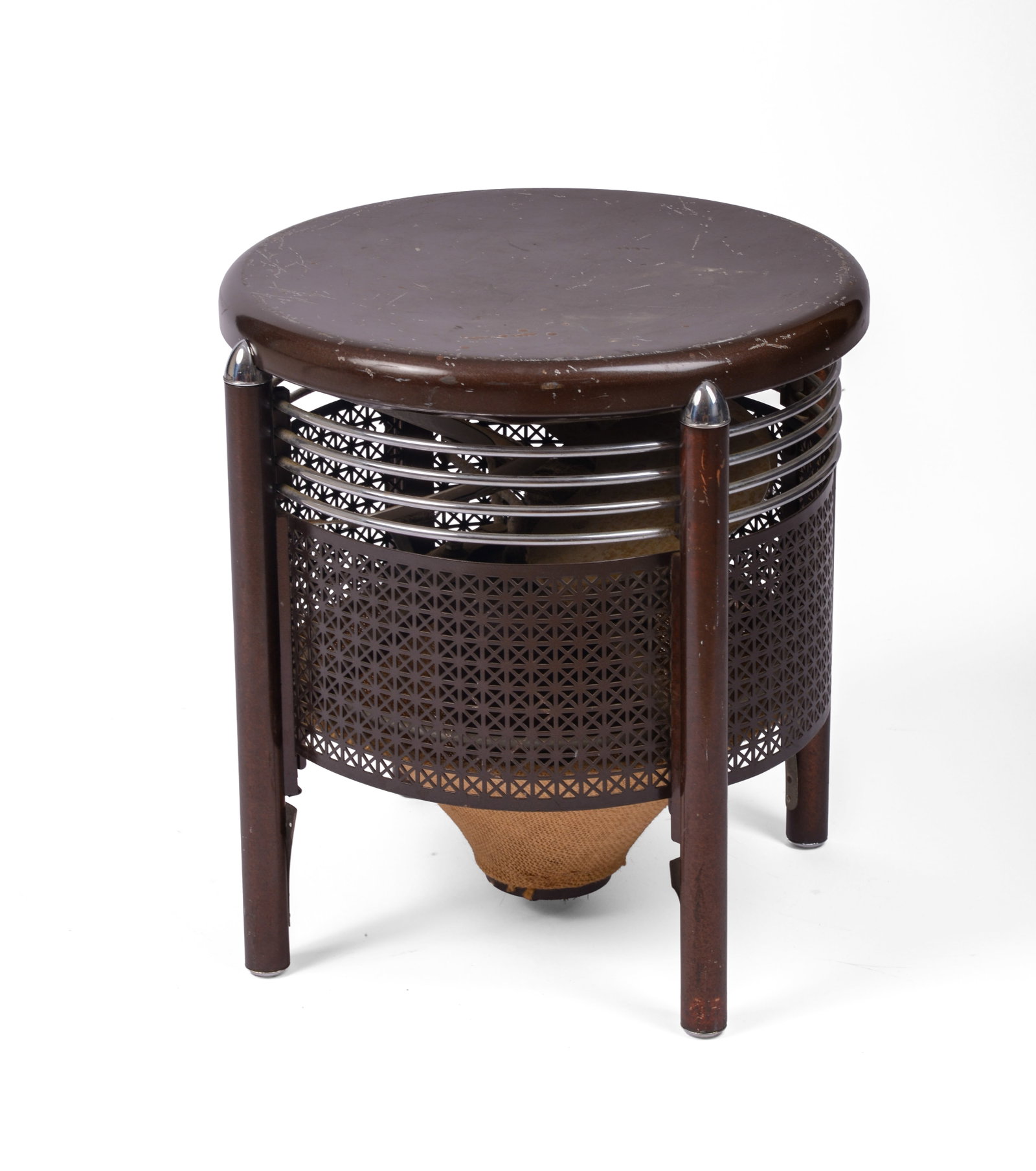 Aquaire Mid Century Hassock Fan.: Diameter 16 inches, height 15 inches. Working order, some surface scratches. IN HOUSE SHIPPING: We offer very competitively priced in house shipping for all items in this sale. Please contact us for a