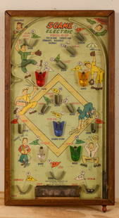 Poosh M Up 5 Game Electric Pinball.: 23 x 13 inches. Some wear, in working order. Backboard is loose. IN HOUSE SHIPPING: We offer very competitively priced in house shipping for all items in this sale. Please contact us for a quote.