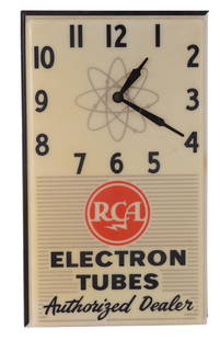 RCA Electron Tubes Advertising Clock.: 18 x 11 inches. Good condition, a few light scratches. Powers on. IN HOUSE SHIPPING: We offer very competitively priced in house shipping for all items in this sale. Please contact us for a quote.
