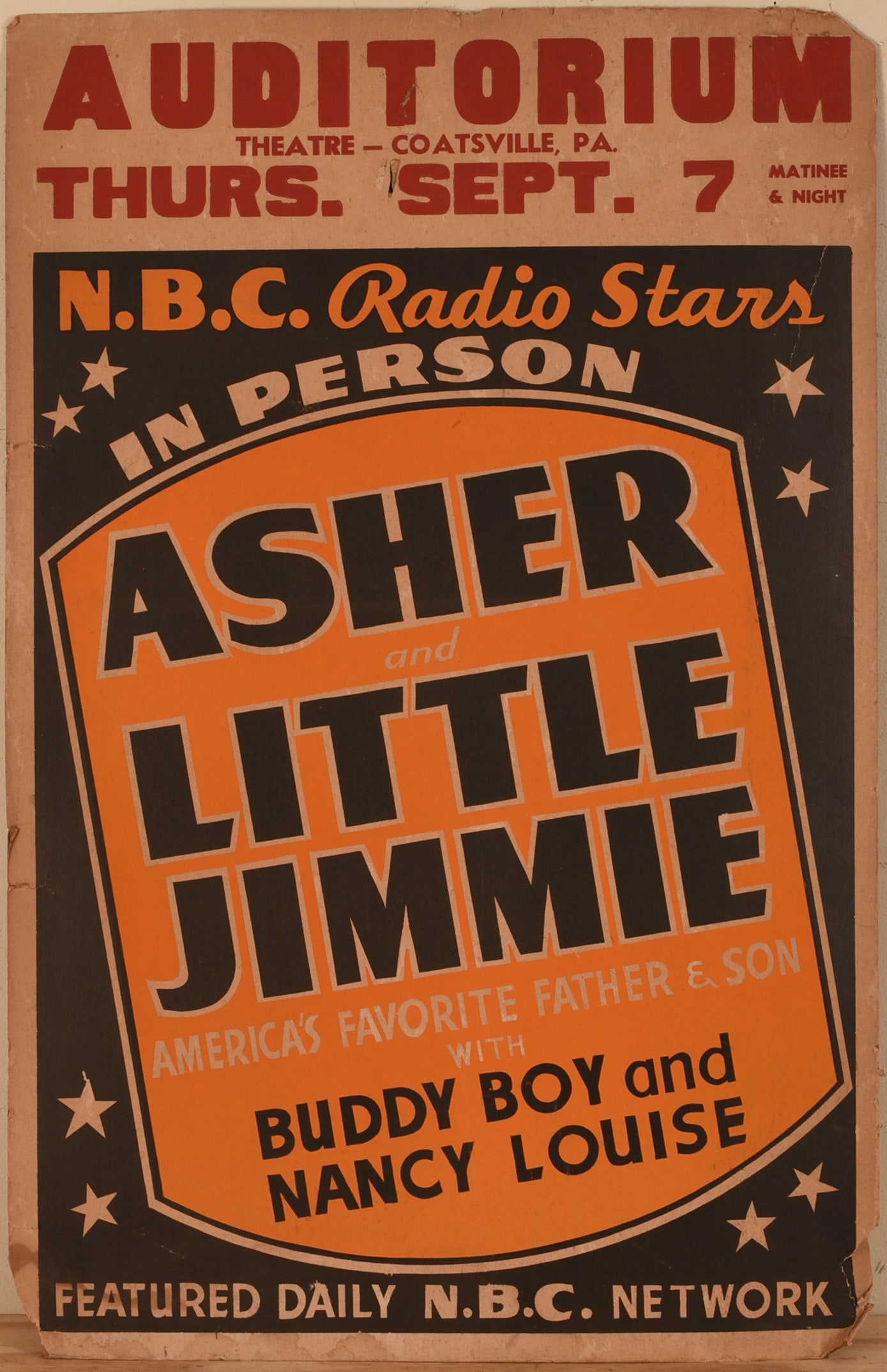 Asher and Little Jimmie N.B.C. Show Poster.: 26 x 17 inches. Tears around edges, some discoloration. IN HOUSE SHIPPING: We offer very competitively priced in house shipping for all items in this sale. Please contact us for a quote.